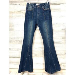 Bamboo Juniors 11 Blue Beaded Boho Flare Denim Jeans Retro Hippie Style